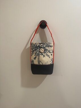 Spartina Canvas Palm-Print Bucket Bag with Navy Base and Coral Trim